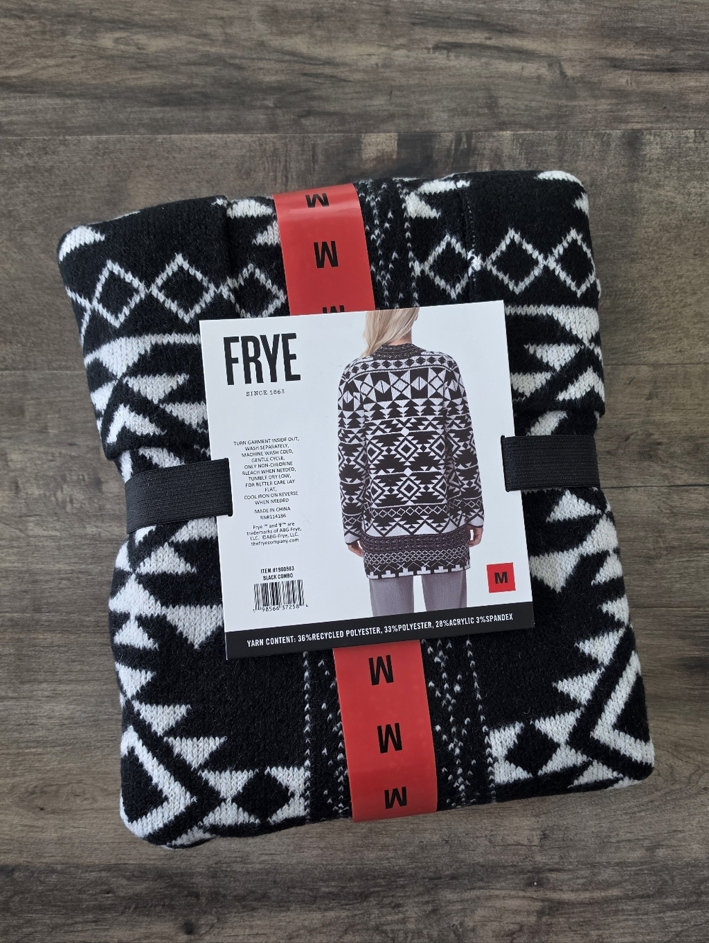 FRYE Cardigan Sweater Medium Women's Jacquard Patterned Black & White NWT - Picture 5 of 6